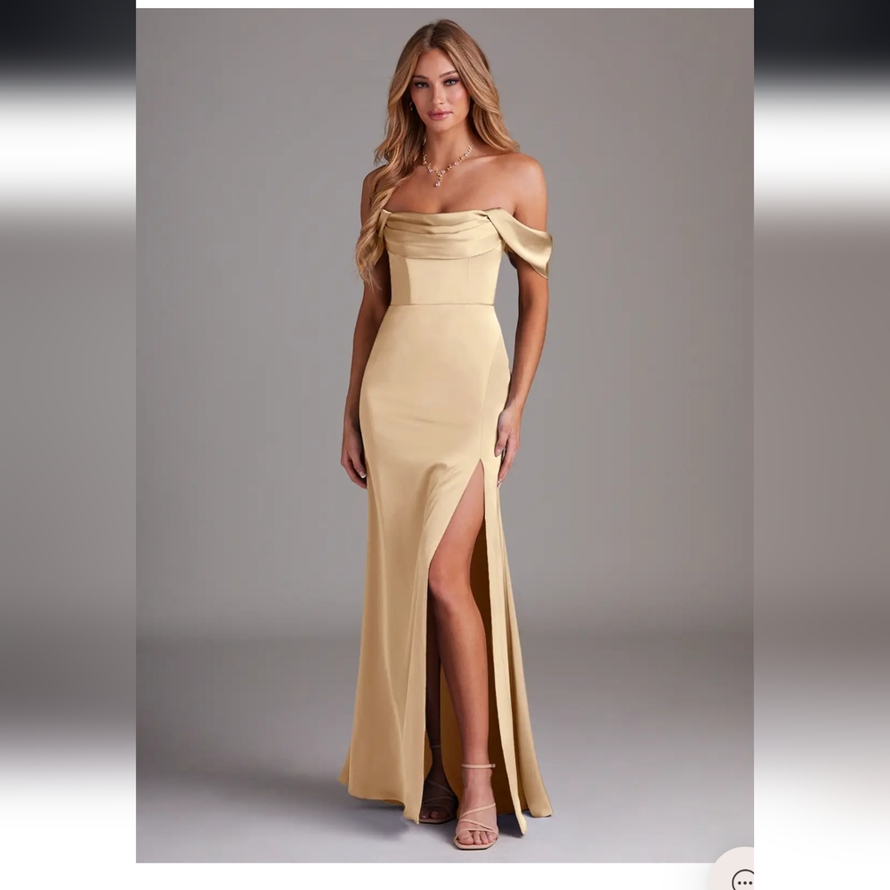 Azazie saige dress in champagne color. Sheath Off the Shoulder.